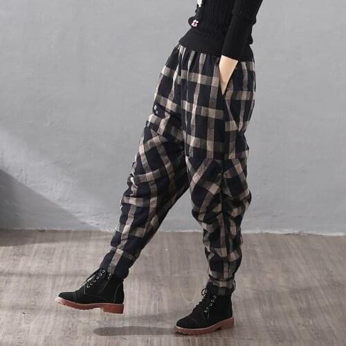 Harem Pants Trousers 2020 Winter Chinese Style Women Ethnic Vintage Plaid Elastic Waist Loose Long Cotton Linen Pants FF2458