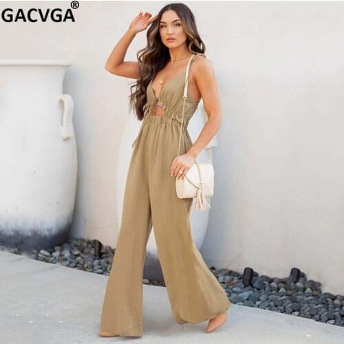 GACVGA 2021 Bandage Summer Jumpsuit Backless Women Casual Loose Romper Fashion Office Ladies Partywear Wide Leg Pants Overalls