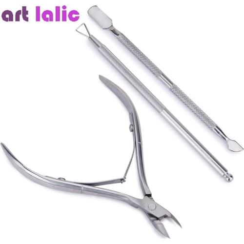 Set of 3 Nail Art Tools Silver Stainless Steel Cuticle Nipper Scissor +Rod Stick Pusher + Double Head Dead Skin Remover Manicure