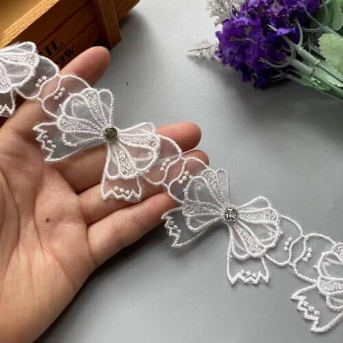 1 Yard 7cm White Mesh Bowknot Rhinestones Embroidered Lace Trim Ribbon Patches Applique Fabric DIY Wedding Dress Sewing Supplies