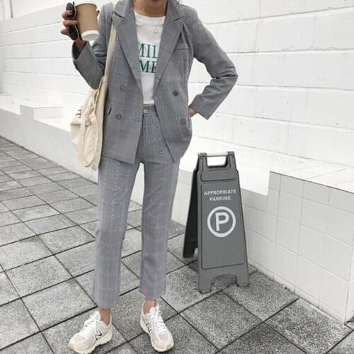 Wenfly Women Clothes Long Sleeve Double Breasted Blazer Outerwear High Waist Pants Office Ladies Plaid Loose Two Piece Sets