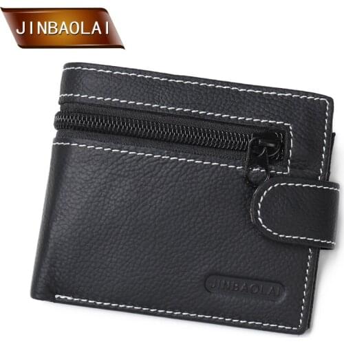 JINBAOLAI Genuine Leather Men Wallets Brand Logo Zipper Design Short Men Wallet With Coin Pocket Card Holder Coin Purse carteira