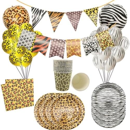 Jungle Forest Animal Leopard Zebra Happy Birthday Party Paper Bags Plates Cups Napkins Balloon Banner Baby Shower Decoration