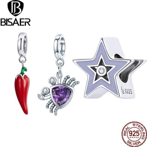BISAER New 100% 925 Sterling Silver Zircon Lovely Crab Star Little Pepper Charm Beads fit Women Bracelet DIY Beads Fine Jewelry