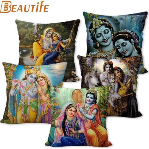 Custom Radha Krishna Cartoon Pillowcase 45X45cm Wedding Decorative Pillow Cover Eco-Friendly Cotton Linen Fabric Pillow Case