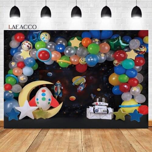 Laeacco Baby Shower Universe Space Cartoon Little Astronaut Background Baby Child Portrait Customized Photography Backdrops