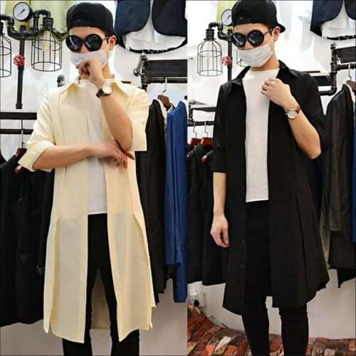 2020 Summer Long Shirt Men Slim Three Quarter Sleeve Tide Casual Trench Medium-long Shirt Hairstylist Nightclub Singer Costumes