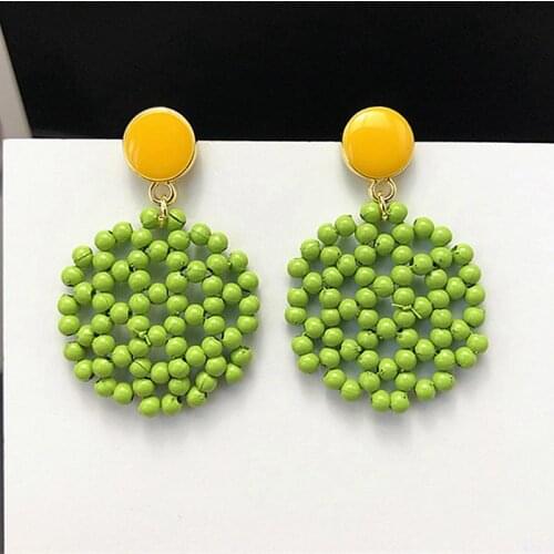 Statement Wooden Beads Big Round Dangle Earrings For Women Bohemian Vintage Pink Wood Weave Beaded Drop Earrings Pendant Jewelry