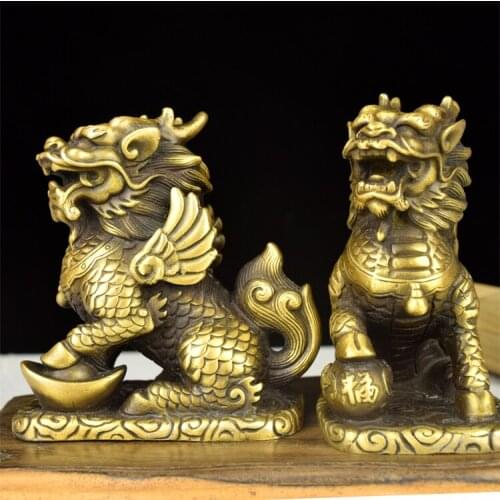 Copper copper fortune kylin kylin Songzi talisman copper brass ornaments on a large kylin kylinroom Art Statue