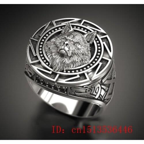 Mens 925 Vintage Wolf Totem Thai Silver Ring Nordic Mythology Viking Warrior Wolf Head Mens Ring 7-13 Size