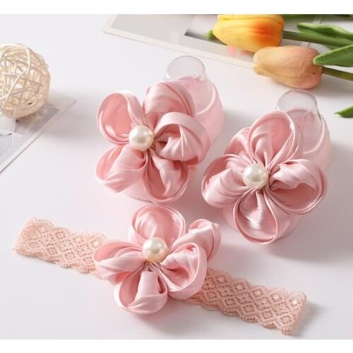 2Pcs Baby Socks Headband Set Chiffon Flowers Newborn Baby Girl Short Socks Anti Slip Solid Color Infant Toddler Socks Hairbands