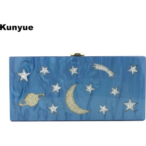 New Designer Blue Pearl Moon Star Landscape Acrylic Evening Bag Universe Pattern Clutch Purse Luxury Women Party Hardbox Handbag