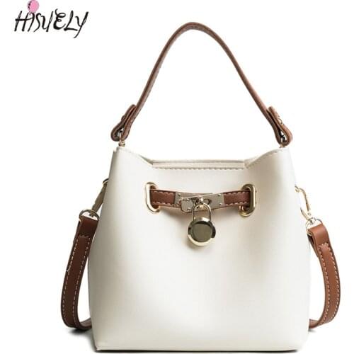 HISUELY New Lock Women PU Leather Handbag Bucket Bag Ladies Shoulder Bag Fashion Designer Small Tote High Quality Bolsas Purse