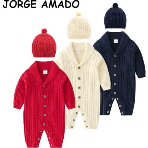 2020 Autumn Winter New Baby Rompers Boy Girl Knitting Long Sleeve Thick Romper Overalls with Cap Baby Clothes 0-2Y E7037