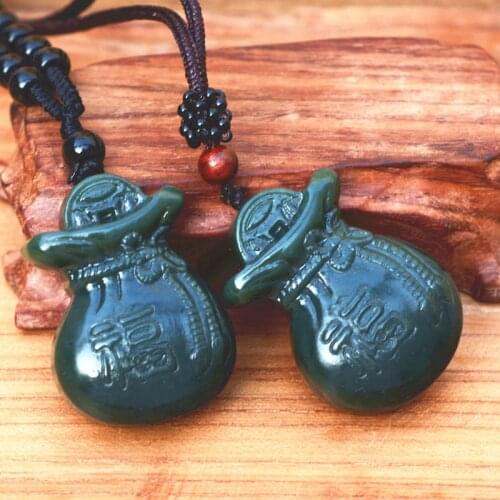 Natural Green Real HeTian stone Pendant Carved Pursed Wallet Money Bag Pendant Necklace Lucky Gift For Women Mens Jades Jewelry