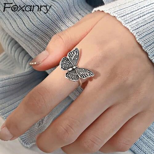 Foxanry 925 Sterling Silver Couples Rings for Women Vintage Handmade Butterfly Trendy Elegant Thai Silver Party Jewelry Gifts