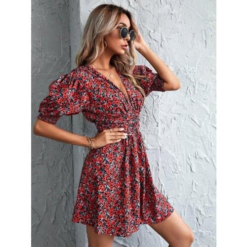 Floral Print Shirred Back Puff Sleeve Dress
