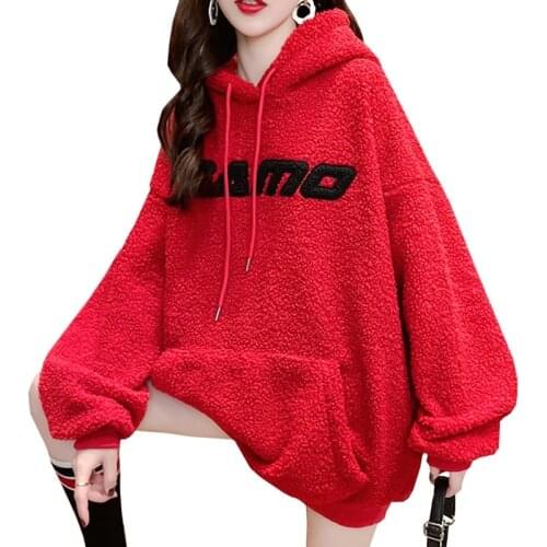 Casual Fashion Women Clothes Winter New Product Lamb Wool Hoodie Sweatshirt Harajuku Embroidered Mamo Keep Warm Pullover Female