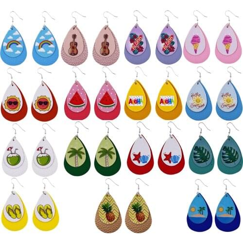 Printed Holiday Style Teardrop Leather Earrings Double layer Floral New Female Summer Beach Antique Lightweight Earrings Gifts