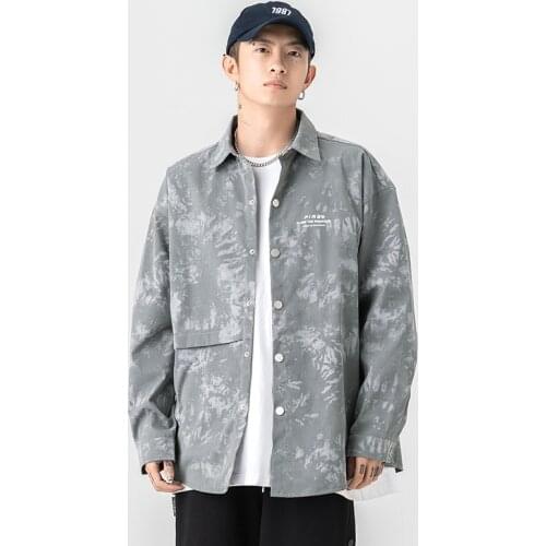 Mens Shirt Long Sleeve Streetwear Wax Printing Women Blouses Harajuku Oversize Button Up Branded Male Grey Japanese Clothing