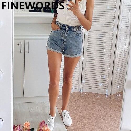 FINEWORDS Korean Casual Vintage Summer Jeans Shorts Women High Waist Loose Blue Denim Shorts Cuff Plus Size Sexy Bermuda Shorts