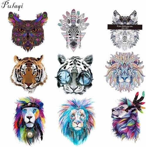 Pulaqi Iron On Clothes Patches Tiger Lion Wolf Heat Thermal Transfer Stickers For Man T-shirt Appliqued Garment Accessories D