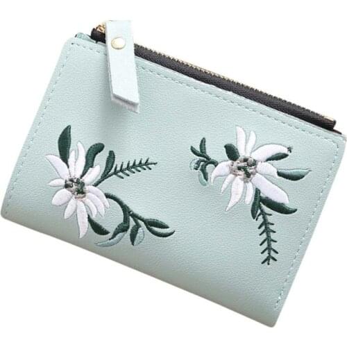 Embroidery Short Wallet Leather Clutch Wallets Female Floral Hasp Coin Purse Small Zipper Bag Credit Card Holders Drop Shipping