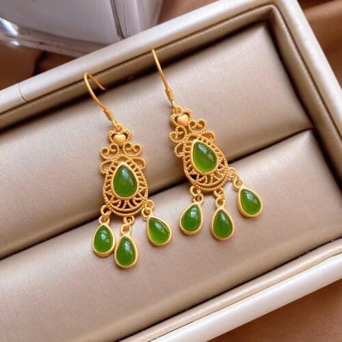 Green round Ring Earrings Retro Green Circle Natural Hetian Jade Green Jade Earrings Female Temperament Long Sterling Silver Ear