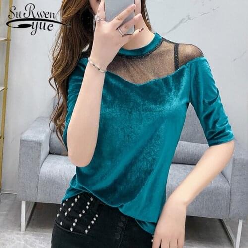 2021 Spring New Fashion Mesh Solid Sexy Middle Sleeve Round Neck Bottom Women Shirt Female Hollow Women Tops and Blouses 8411 50