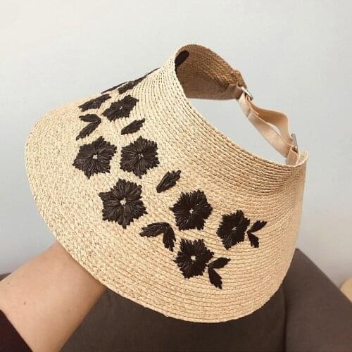 Hand embroidered flowers vintage pull natural raffia female empty top fashion straw hat