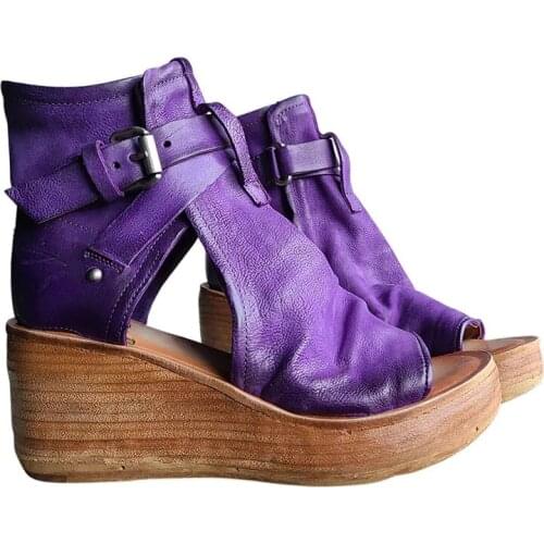 Slope Heel Fish Mouth Shoes Womens Large Size Leather Buckle 2021 New Style Thick-soled Retro Womens Shoes Comfortable Sandals