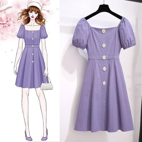 Women Dresses Vestido Sweet Purple Short Bubble Sleeves V-neck A-line Simple Button Slim Plus Size Sukienki Ropa Mujer