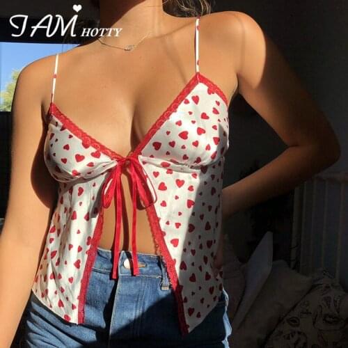 Y2K Cute Ribbons Tie Up Split Crop Top Women Heart Print Harajuku Lace Sleeveless Camis Club Party Summer Streetwear Iamhotty