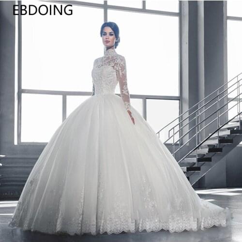 Luxurious Ball Gown Wedding Dress Lace High Neckline Vestidos De Novia Full Sleeves Newest Plus Size Wedding Gown Bride Dress