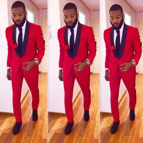 2020 Custom Made Slim Fit Black Shawl Lapel Red Groom Tuxedos Mens Wedding Prom Suits Pant Bridegroom Groomsman Best Man Blazer