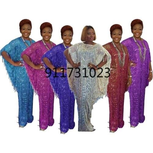 2021 Summer Sexy African Women Plus Size Long Dress African O-neck Sequined Tassel Dress African Dresses for Women