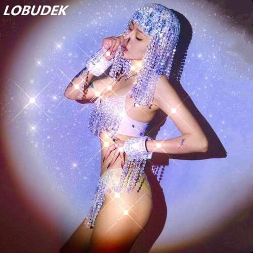 Bar Women Dancer Team Beading Tassel Bikini Wig Outfit Sexy Nightclub Costume Party Show Fringe Bra Short Headgear Stage Wear