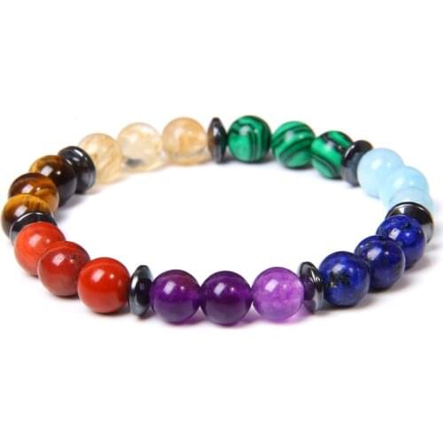 7 Chakra Bracelet Natural Stone Hematite Alloy Spacer Lava Tiger Eye Rhodochrosite Bangles For Women Men Energy Balance Jewelry