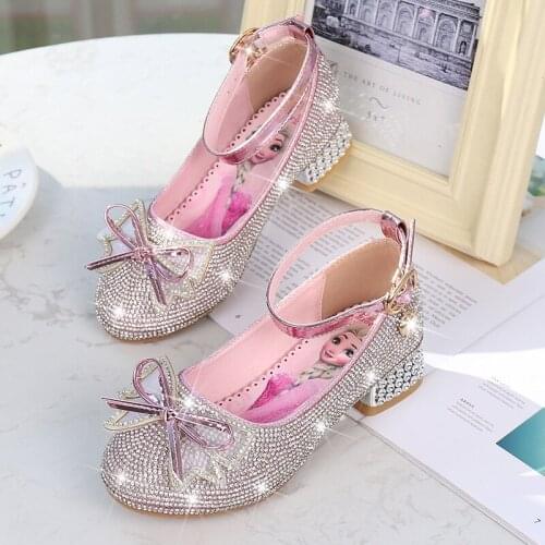 Disney spring new girl crystal high-heeled princess shoes little girl frozen elsa princess shoes childrens leather shoes
