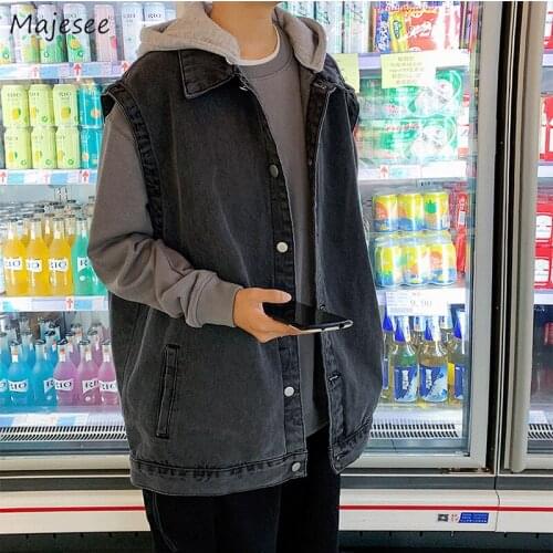 Denim Jackets Vest Women Vintage Loose All-match Spring Turn-down Collar Chic Mens Outwear Hip-hop Korean Style Streetwear Retro