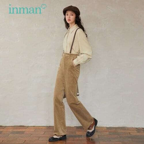 INMAN Vintage Corduroy Pants Women High Straight Wide Leg Trousers Elegant Lady Minimal Basic Style Bottom Wear