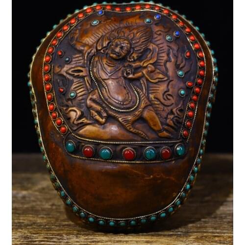 7"Tibet Temple Collection Old Tibetan silver mosaic gem Skull head Vajra Bodhisattva Kapala Bowl cup Gabala Bowl Town House