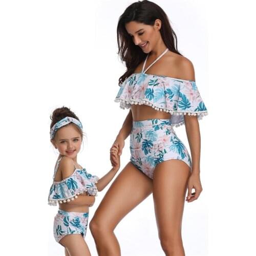 Summer 2Pcs Swimsuit Mommy and Me Clothes Family Swimsuit Printed Ruffle High Waist Mother Daughter Swimwear Bathing Suit