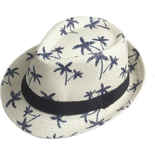 LUCKYLIANJI Fashion Men Women Summer Beach Straw Trilby Jazz Cap Coconut Tree Casual Sun Panama Hat Ribbon Band (One Size: 58cm)