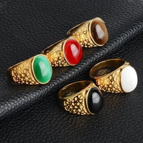 Not Fade StainlessSteel Big green Opal Stone Ring For Men Fashion Jewelry Vintage Gift Aqeq Onyx Large Imitation Cats Eye