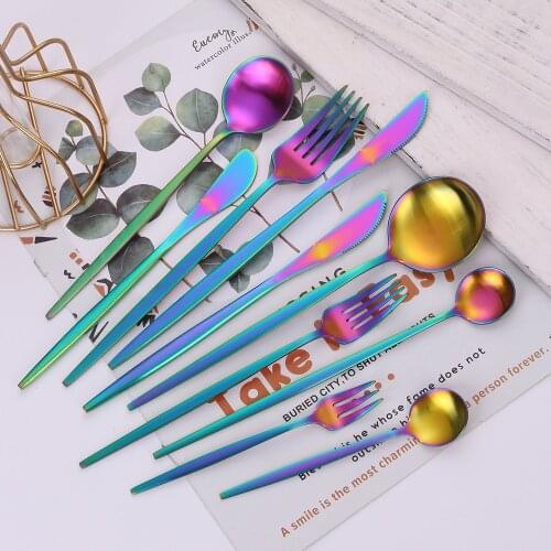 Matte Cutlery Set Stainless Steel Dinnerware Rainbow Stainless Steel Spoon Set Fork Spoon Knife Steel Cutlery Dinnerware Set