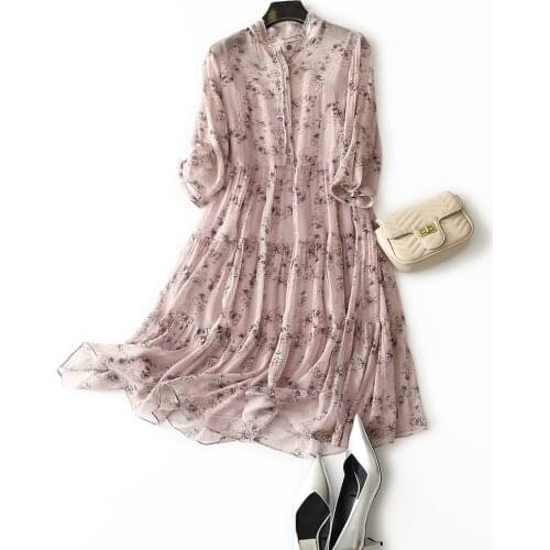 100% mulberry silk mid-length two-piece silk dress summer new style French age-reducing doll style