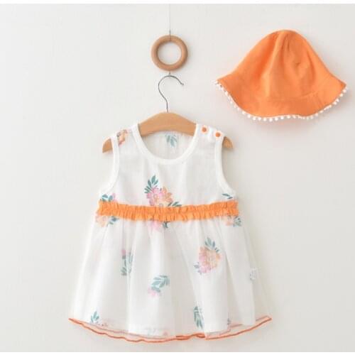Menoea Baby Girl Summer Dresses Korean Style Newborn Infant Flowers Print Vestidos Sleeveless Children Mesh Clothing with Hat