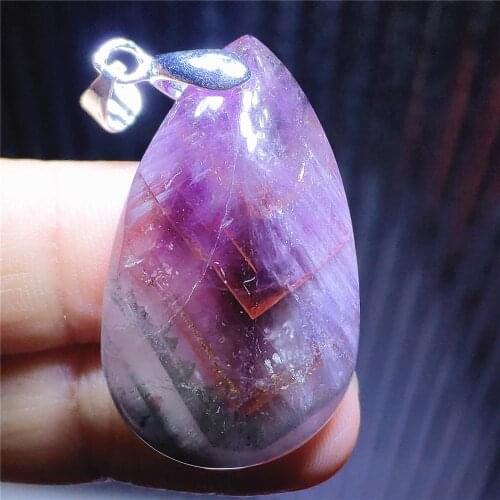 Genuine Natural Purple Auralite 23 Cacoxenite Rutilated Quartz Pendant 34x21x7mm Water Drop Women Men Necklace AAAAA