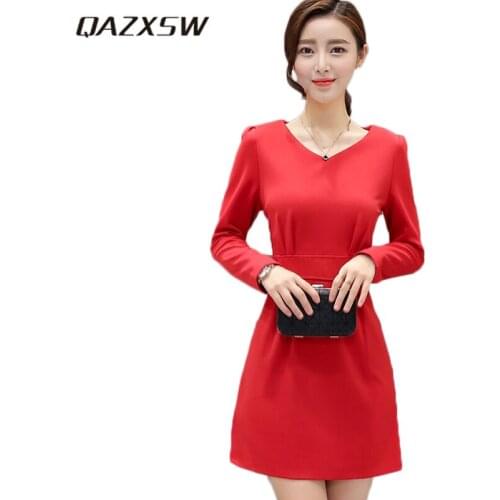 QAZXSW 2019 New Spring Women Plus Size Dress For Women Long Sleeve Render Dress V-Neck Ladies Party Dress Vestidos Casual HB570